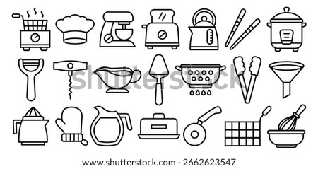 Set of Kitchen Tools and Utensils, Cooking, Appliances, Chef, Equipment, Bowl, Food, Symbol Vector Design Illustration Simple Line Collections