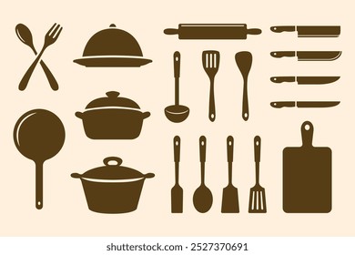 A set of kitchen tools, utensils, and cookware, including a rolling pin, knives, a ladle, a pot, a pan, a spoon, and a fork.