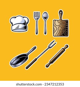 set of kitchen tools vector elements chef's hat, spoon, fork, pan, rolling pin illustration
