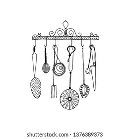 set of kitchen tools weigh on the shelf,hand sketch with contour lines. Vector illustration