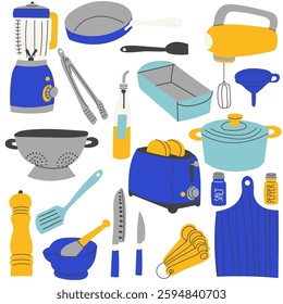 Set of Kitchen tools.Kitchen utensils  collection with knife, spoon, toaster,blender, grater, rolling pin, cutting board, cutlery. Cook appliances and accessories collection.