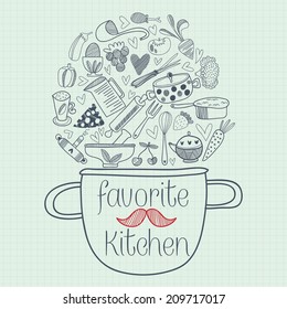 Set of kitchen tools.Vector illustration of kitchen doodles collection-Pan, skillet, apron, scales, mixer and other