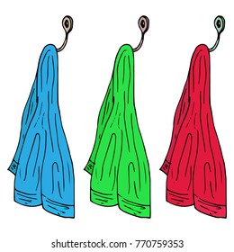 Set of Kitchen towels. A towel hanging on the hook. A bath towel. Vector illustration.