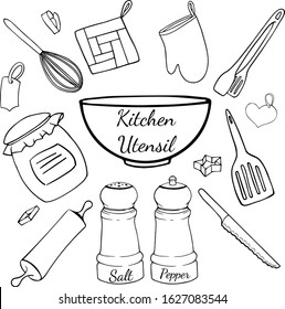 Set of kitchen utencil. Different kitchenware hand drawn illustration. Wooden spoon, tongs, bowl, salt shaker, pepper box, spatula, jar of jam, labels, cookie cutter, rolling pin, bread knife, oven gl