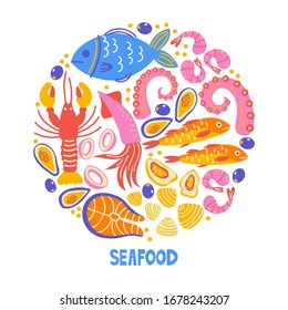 Set with kitchen utensil and appliance. Scandinavian illustration of kitchen elements in flat style. Funny cartoon round composition. Food preparation and kitchenware. Vector doodle clipart. Seafood