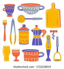 Set with kitchen utensil and appliance. Scandinavian illustration of kitchen elements in flat style. Funny cartoon texture with hand drawn food preparation and kitchenware. Vector doodle clipart.