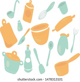  set of kitchen utensil and collection of cookware, cooking tools and kitchenware equipment, serve meals and food preparation elements. Vector