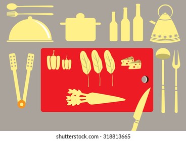 Set of kitchen utensil and collection of cookware, vector illustrations