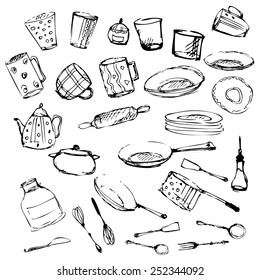 Set of kitchen utensil and collection of cookware.vector
