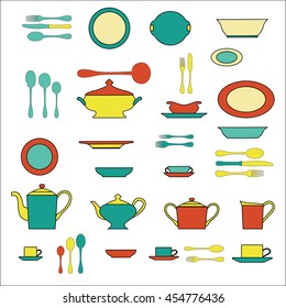 Set of kitchen utensil and collection of tableware illustration.