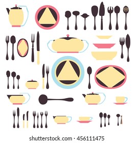 Set of kitchen utensil and collection of tableware illustration.