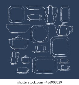 Set of kitchen utensil and collection of tableware illustration - dishes, tea pot and cups.