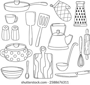 Set of kitchen utensil and cookware. Hand drawn illustration in doodle style