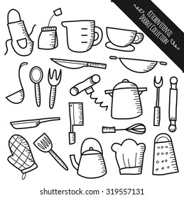 set of kitchen utensil doodle isolated on white background
