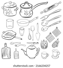 Set of kitchen utensil doodle on white isolated background.