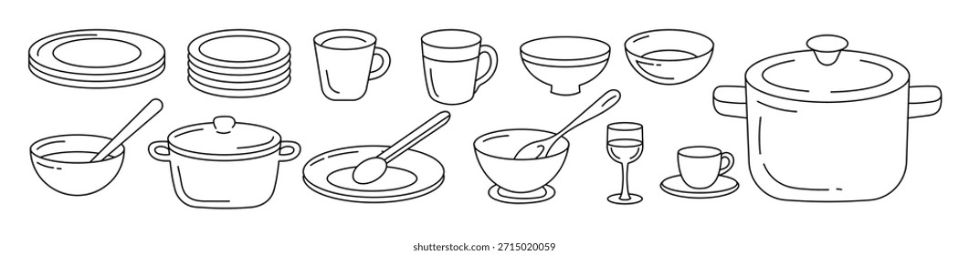 Conjunto de utensilios de cocina doodle. Platos, cubiertos, ollas, ilustración de cristalería. Esquema de la vajilla de dibujo para la colección de símbolos de Clipart de línea de cocina.