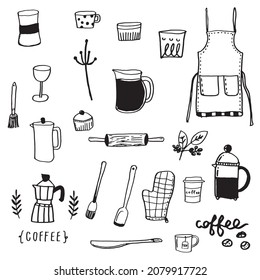 Set of kitchen utensil doodle,Cooking. Kitchen utensils collection Retro set with doodle kitchen equipments, coffee utensil 