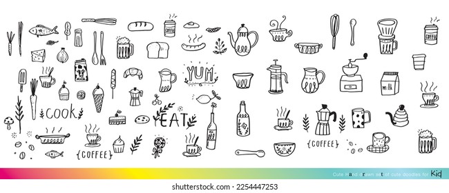 Set of kitchen utensil doodle,Cooking. Kitchen utensils collection Retro set with doodle kitchen equipments, coffee