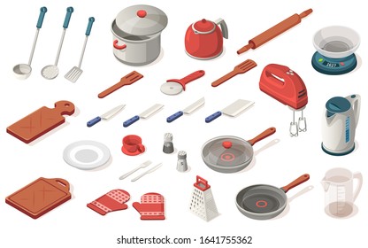 Set of kitchen utensil, food,equipment, appliance. Dripping pan, saucepan, knife, kettle, scoop, spatula, rolling pin, scales, mixer, cutting board, plate, cup, pepperbox, gloves, grater, pizza cutter