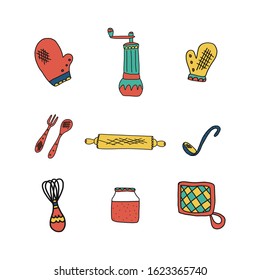 Set of Kitchen utensil in hand drawn style. vector illustration
