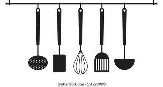 Set of kitchen utensil hanging. Vector icon set
