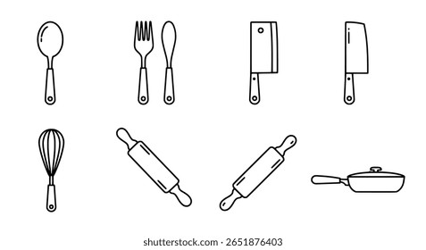 A set of kitchen utensil line icons. A simple collection of cutlery and various cooking tools for restaurant and food blog branding.