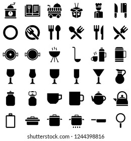 set of kitchen utensil and restaurant related solid black icon.