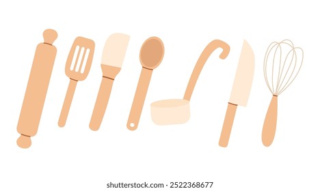 Set of kitchen utensil, tools. Cooking concept. Illustration of wooden kitchenware. Rolling pin, knife, whisk, spatula, ladle. Flat style, vector icons.