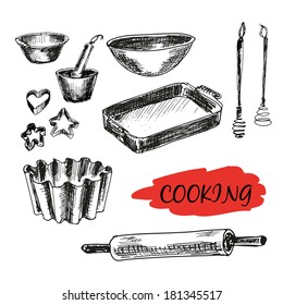 Set of kitchen utensils. All baking. Hand drawn illustrations