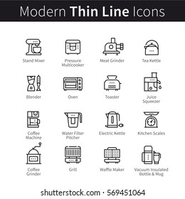 Set of kitchen utensils and appliances. Equipment and kitchenware for cooking, mixing, tea and coffee making. Thin black line art icons. Linear style illustrations isolated on white.