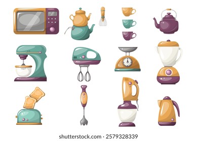 Set of kitchen utensils and appliances. Hand drawn illustration isolated on white background