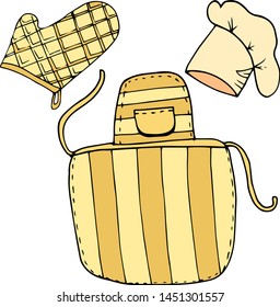 set of kitchen utensils - apron, cap and oven mitts. vector illustration