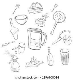 a set of kitchen utensils. black marker vector