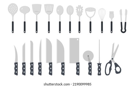 Set Of Kitchen Utensils Clipart Vector Illustration. Kitchen Tools With Plastic Handle Flat Design. Knife Set, Santoku, Cleaver, Pizza Cutter, Ladle, Spatula, Spoon Sign Web Icon. Cooking Tool Concept