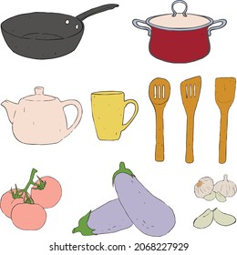 A set of kitchen utensils for cooking