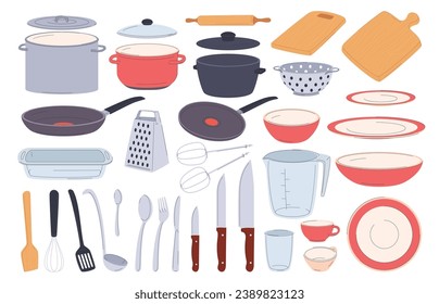 A set of kitchen utensils. Kitchen utensils for cooking. Kitchen accessories and dishes. Vector illustration