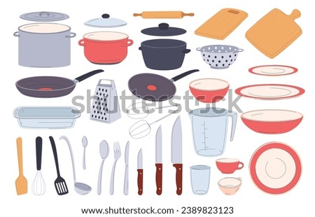 A set of kitchen utensils. Kitchen utensils for cooking. Kitchen accessories and dishes. Vector illustration