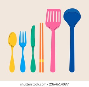 Set of kitchen utensils for cooking. Colorful vector illustration
