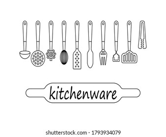 
A set of kitchen utensils for cooking. Contour image on a white background. Design elements. Vector illustration.
