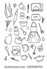 set of kitchen utensils. cooking. doodle style. drawing by hand. vector