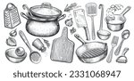 Set of kitchen utensils for cooking. Food concept. Sketch vintage vector illustration for restaurant or diner menu