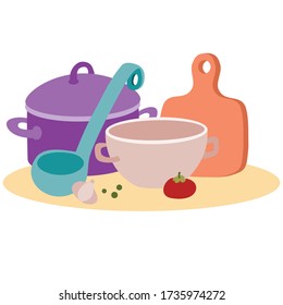 set of kitchen utensils for cooking food from a soup ladle pan and cutting board, isolated object on a white background, vector illustration,