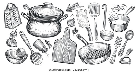 Set of kitchen utensils for cooking. Food concept. Sketch vintage vector illustration for restaurant or diner menu