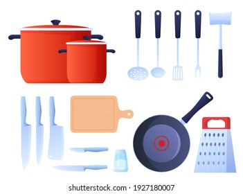 Set of kitchen utensils for cooking, pots, knives, graters, ladle, frying pan, kitchen hammer. Colorful vector illustration in flat cartoon style.