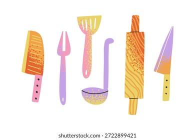 A set of kitchen utensils for cooking. Spoon, Fork, Kitchen Knife, Spatula, Ladle, Rolling Pin.