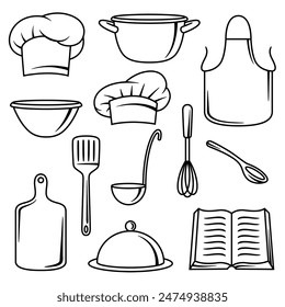 Set of kitchen utensils. Cooking tools for home and restaurant items.