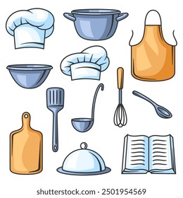 Set of kitchen utensils. Cooking tools for home and restaurant items.