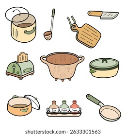 Set of kitchen utensils and cooking tools colorful illustration