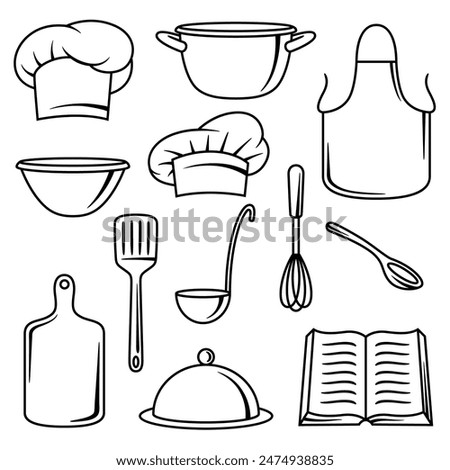 Set of kitchen utensils. Cooking tools for home and restaurant items.