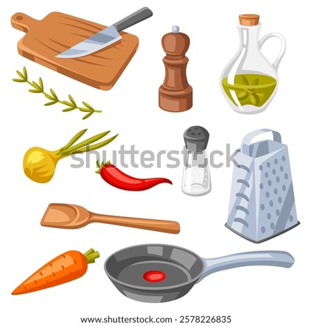 Set of kitchen utensils. Cooking tools for home and recipe items.